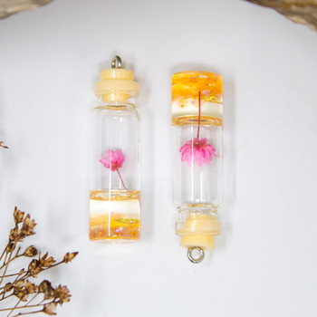 Resin 37x11mm Glass Bottle with Dried Flower Peach / Pink Pendant