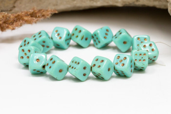 Czech Glass 8mm Dice Beads - Opaque Turquoise Bronze Wash