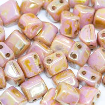 CzechMates® 6x6mm Roof 2 Hole Beads -- Luster Opaque Rose Gold Topaz