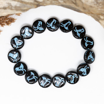 Czech Glass 12mm Bird Coin - Jet Black Opaque with Turquoise Wash