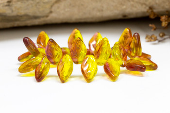 Czech Glass 12x8mm Medium Leaf Beads - Fuchsia Yellow Transparent Mix