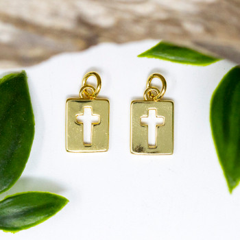 14K Gold Plated 13x8mm Cross in Rectangle Charm
