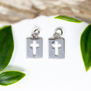 Rhodium Plated 13x8mm Cross in Rectangle Charm