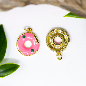 Gold Plated Enamel 14mm Pink Donut Charm