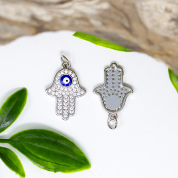 Silver Plated Micro Pave Enamel 20x14mm Hamsa Eye Charm