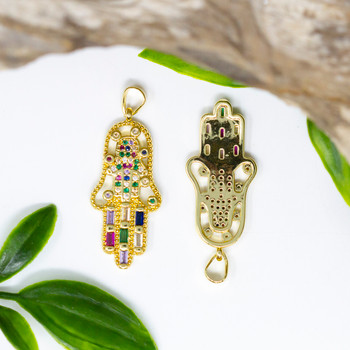 Gold Plated Micro Pave 30x14mm Multi Color Hamsa Hand Pendant