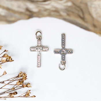 Silver Plated Micro Pave 11x18mm Heart Cross Charm