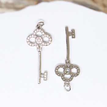 Micro Pave Silver 32x14mm Fancy Key Charm