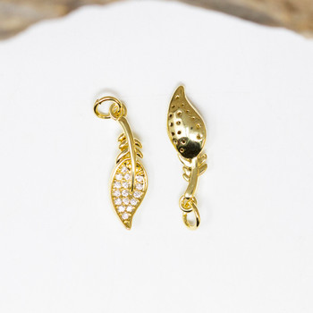 Micro Pave Gold 7x20mm Feather Leaf Charm