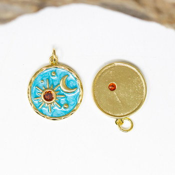 Gold Plated Micro Pave Enamel 18mm Aqua Star Moon Pendant