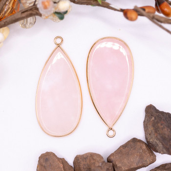 Rose Quartz Polished 40x20mm Gold Plated Flat Drop Pendant