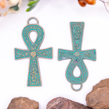 Alloy Green Patina Antique Brass 37x21mm Ankh Pendant