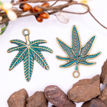 Green Patina Antique Brass Plated Alloy 38x32mm Hemp, Pot, Weed Leaf Pendant