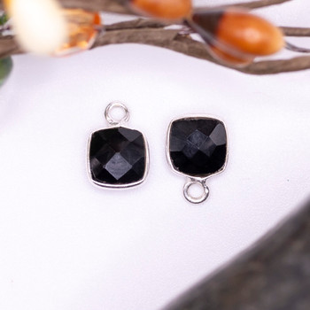 Black Onyx Polished Sterling Silver 7mm Faceted Square Charm