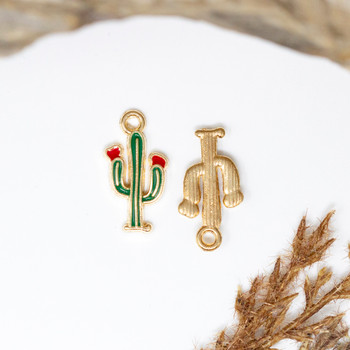 Gold Plated Enamel 19x10mm Flowering Green Cactus Charm