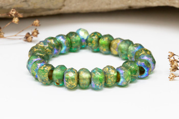 Czech Glass 6x9mm Large Hole Roller Rondelle Beads - Green Sky Blue with Gold Wash AB Etched
