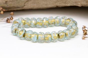 Czech Glass 6x9mm Large Hole Roller Rondel Beads - Pale Sky Blue with Gold Lining