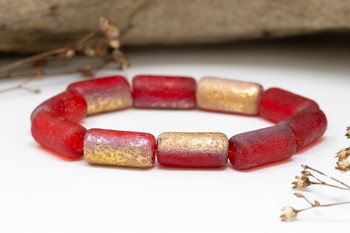 Czech Glass 14x7mm Large Hole Tube Beads - Ruby Red Etched Copper Finishes