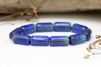 Czech Glass 14x7mm Tube Beads - Sapphire Sky Blue Gold Lining
