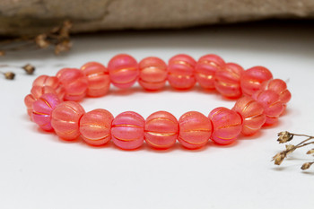 Czech Glass 8mm Large Hole Melon Beads - Orange Etched with Metallic Pink Finishes