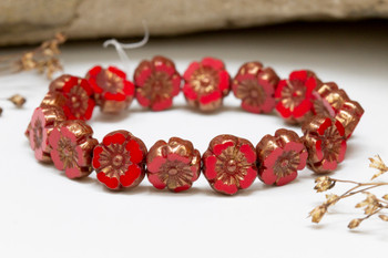 Czech Glass 9mm Hibiscus Flower Beads - Scarlet Red with Bronze Finish