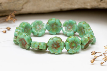 Czech Glass 12mm Hibiscus - Sea Green Picasso Finish
