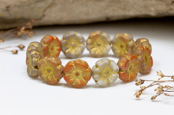 Czech Glass 12mm Hibiscus - Transparent Orange Gold Etched with Gold Wash