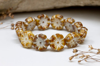 Czech Glass 12mm Hibiscus - Beige with Ivory Wash and Mercury Finish