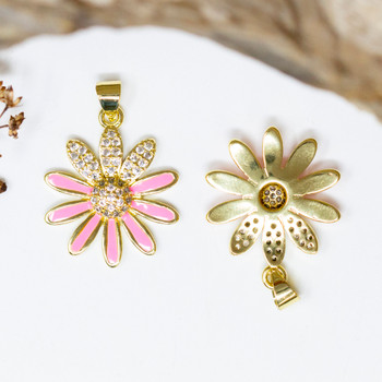 Gold Plated Micro Pave 25x19mm Pink Daisy Flower Charm