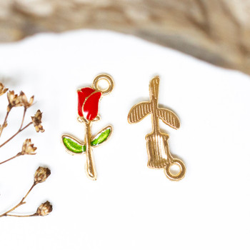 Gold Plated Enamel 19x9mm Red Rose Stem Charm