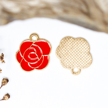 Gold Plated Enamel 15x14mm Red Rose Charm