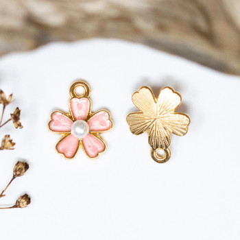 Gold Plated Enamel Imitation Pearl 14x11mm Pink Sakura Flower Charm