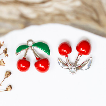 Silver Plated Enamel 14x15mm Red Cherries Charm