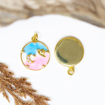 Gold Plated Micro Pave Enamel 14mm Pink and Blue Moon and Planet Charm