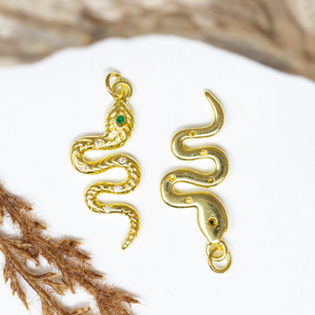 Gold Plated Micro Pave 30x12mm Green Eye Snake Charm