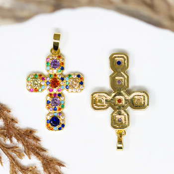 Gold Plated Micro Pave 27x18mm Multi Color Cross Pendant