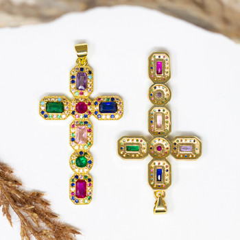 Gold Plated Micro Pave 41x23mm Multi Color Cross Pendant