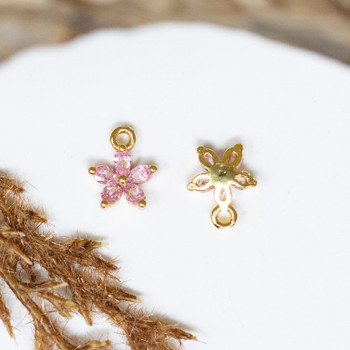 Gold Plated Micro Pave 8mm Pink Tiny Flower Charm