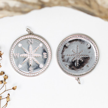 Silver Plated Micro Pave 28mm Compass Coin Pendant