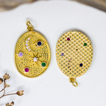 Gold Plated Micro Pave 24x17mm Multi Color Oval Star, Moon, and Eye Charm