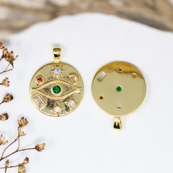 Gold Plated Micro Pave 17mm Multi Color Eye, Moon, Sun, and Star Coin Charm