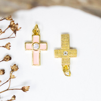 Gold Plated Enamel Micro Pave 12x9mm Pink Cross Charm
