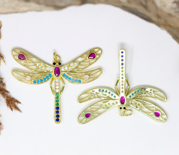 Gold Plated Micro Pave 37x45mm Multi Color Dragonfly Pendant