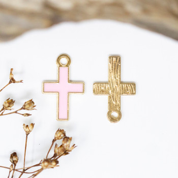 Gold Plated Enamel 16x10mm Pink Cross Charm