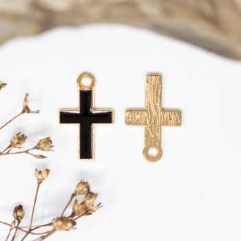 Gold Plated Enamel 16x10mm Black Cross Charm