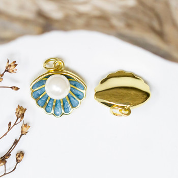 Gold Plated Enamel 13x16mm Blue Shell with Pearl Charm