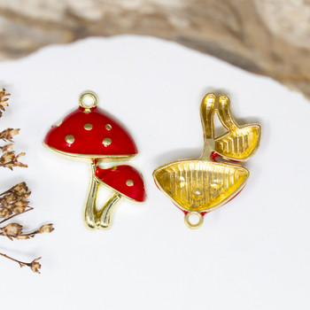 Gold Plated Enamel 26x20mm Red Mushrooms Charm