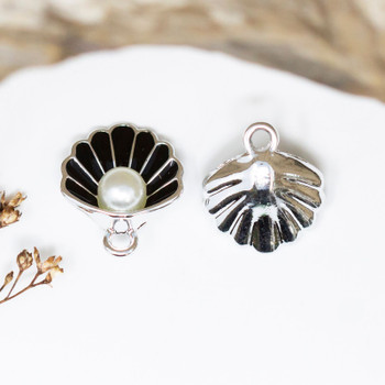 Silver Plated Enamel 15mm Black Pearl Shell Charm