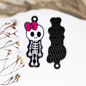 Black Plated Enamel 32x12mm Pink Bow Skeleton Charm