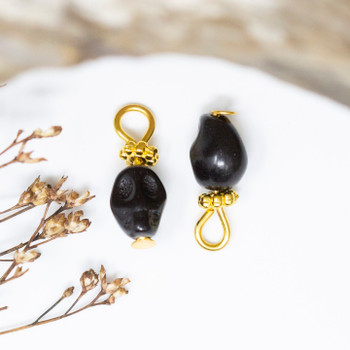 Gold Plated Black Magnesite 11x6mm Skull with Crown Charm